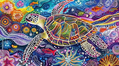 ancient aboriginal style dream-time art of turtles and sea star