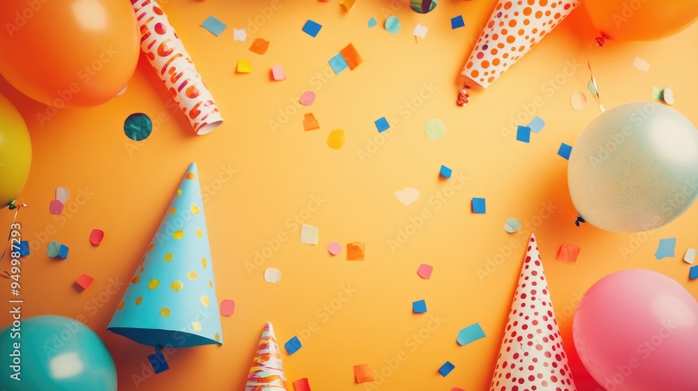 A festive flat lay of confetti, balloons, and party hats, set on a vibrant background. A festive flat lay of confetti, balloons, and party hats, set on a vibrant background.