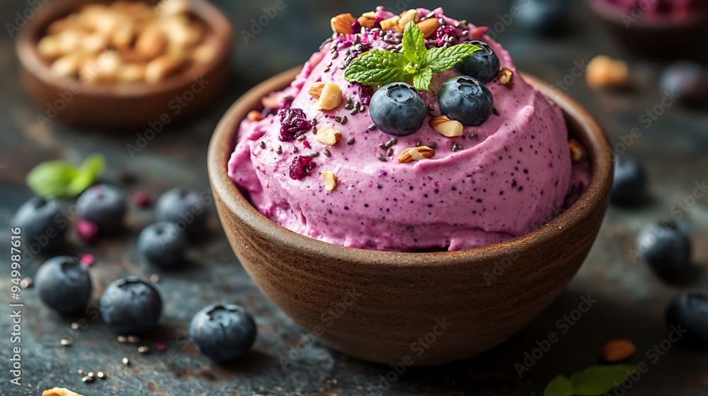 Blueberry ice cream decorated with fresh berries and nuts being served in rustic bowl Blueberry ice cream decorated with fresh berries and nuts being served in rustic bowl
