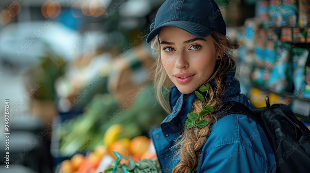 Efficient Female Courier Delivering Fresh Groceries in Blue Uniform at Customer's Doorstep - Hyper-Realistic Color Image Efficient Female Courier Delivering Fresh Groceries in Blue Uniform at Customer's Doorstep - Hyper-Realistic Color Image