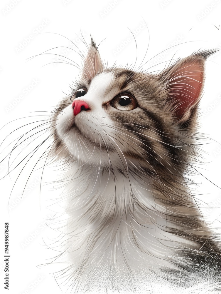 A cute gray cat with a fluffy tail and inquisitive eyes on a white background, for children's illustrations and decorative cards. A cute gray cat with a fluffy tail and inquisitive eyes on a white background, for children's illustrations and decorative cards.