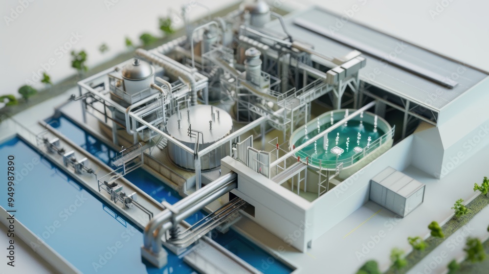 Model of a water treatment plant showing the stages of purification Model of a water treatment plant showing the stages of purification