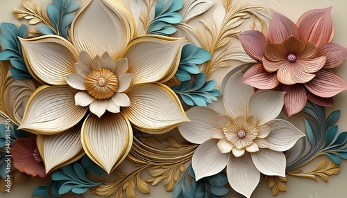 Flowers and leaves 3D render background wall decoration Beautiful fantasy vintage flower Stock 3D floral wallpaper