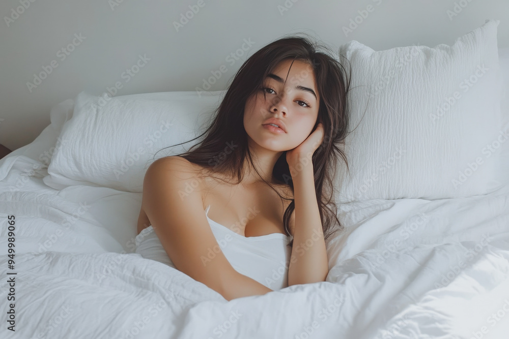 Young woman is resting in bed with a pensive expression on her face Young woman is resting in bed with a pensive expression on her face