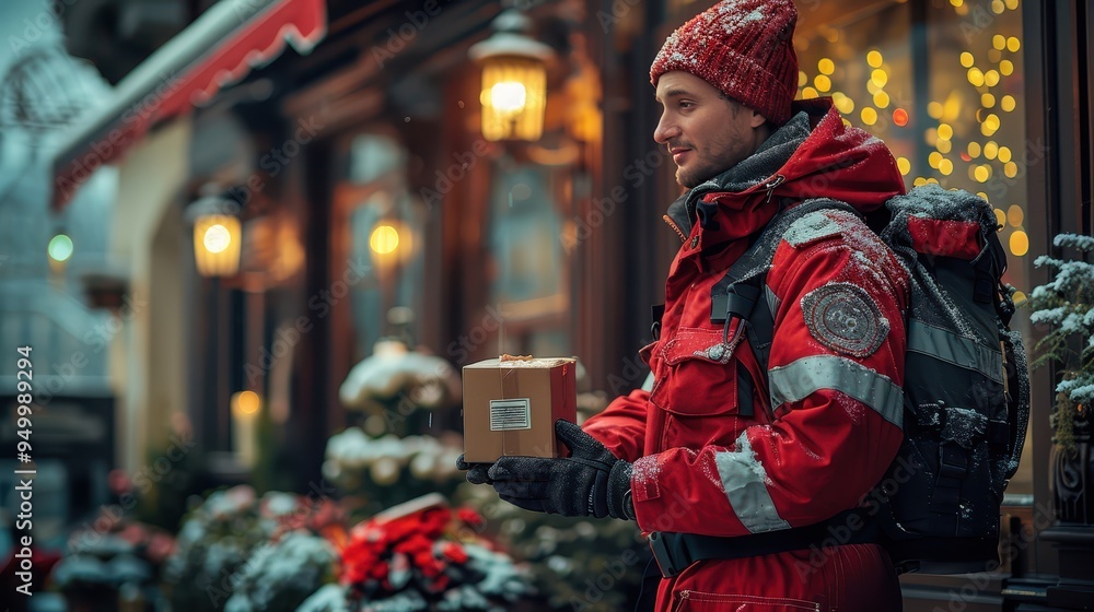 Obraz premium Delivery Person in Red Uniform Handing Package to Customer at Front Door - Hyper-realistic Color Image