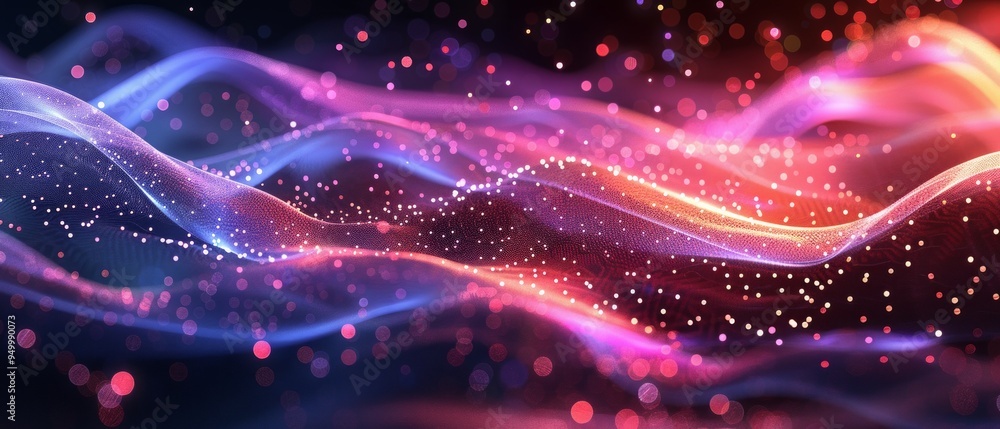 Vibrant image with pink and blue wave-like particles on a dark background. Evokes futuristic, tech-themed visuals, digital waves, and modern aesthetics. Vibrant image with pink and blue wave-like particles on a dark background. Evokes futuristic, tech-themed visuals, digital waves, and modern aesthetics.