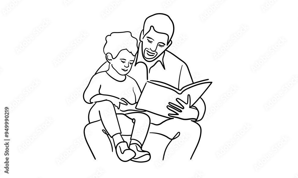 Dad and son reading a book continuous line art drawing isolated on white background. Fathers day. Vector illustration Dad and son reading a book continuous line art drawing isolated on white background. Fathers day. Vector illustration