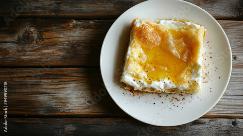 French toast with honey and cinnamon topping is ready to be served for breakfast on a rustic wooden table