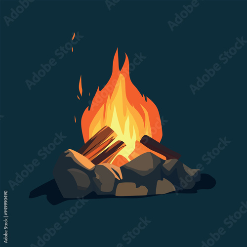 A vibrant campfire illustration featuring glowing flames and wooden logs surrounded by rocks. The image captures the warmth and coziness of a fire, set against a dark background