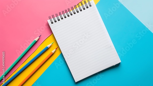 Open notepad pencils multicolored blocks isolated on colorful background