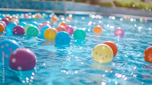 Outdoor blue swimming pool filled with colorful balls in brightness day