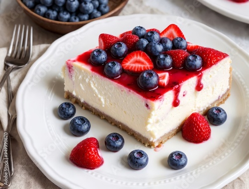 A slice of cheesecake topped with strawberries, blueberries, and raspberries on a white plate, accompanied by a glass of red juice.