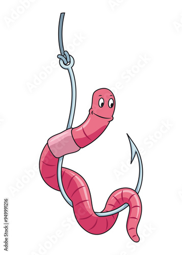 Cute worm character on hook. Fishing leisure icon. Funny symbol on fishing hook in cartoon style. Vector illustration