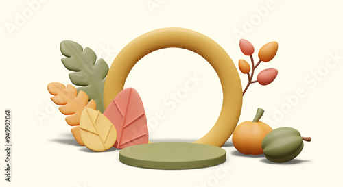Autumn podium in realistic plasticine style. Cute template for product demonstration