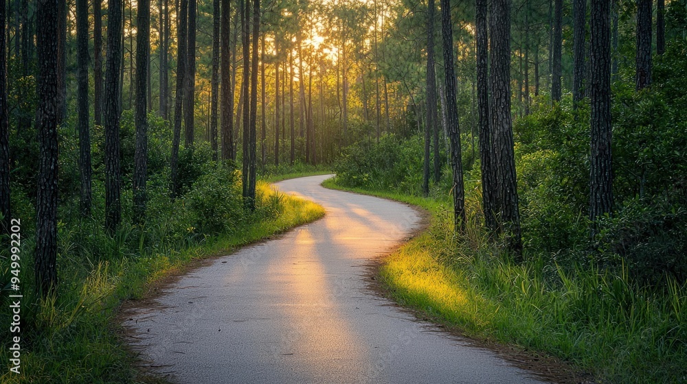 Fototapeta premium Peaceful Bicycle Path Through Enchanting Pine Forest