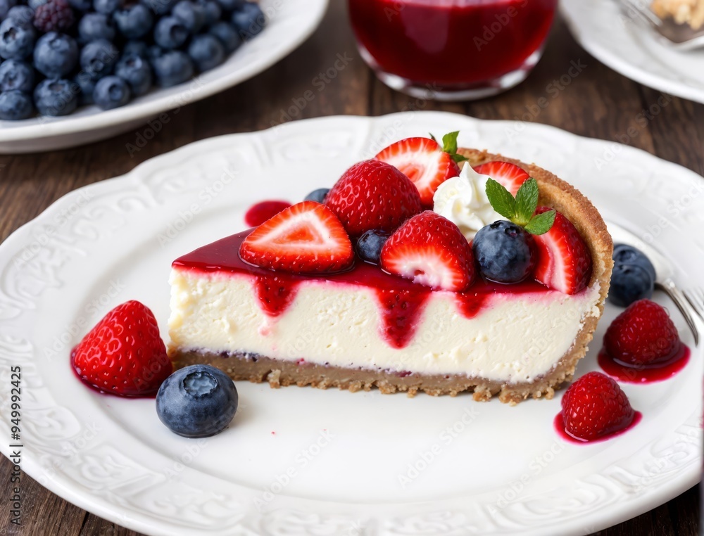 A slice of cheesecake topped with strawberries, blueberries, and raspberries on a white plate, accompanied by a glass of red juice. A slice of cheesecake topped with strawberries, blueberries, and raspberries on a white plate, accompanied by a glass of red juice.