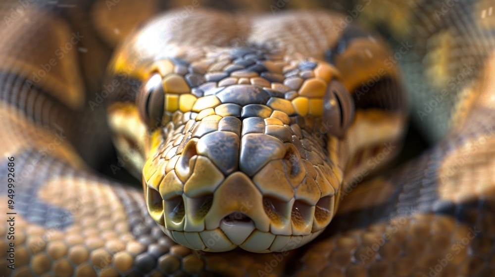A close up of a snake's head with a yellow and brown pattern A close up of a snake's head with a yellow and brown pattern