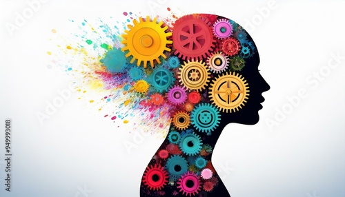 In a white background with copy space, colorful splashes and gears form the silhouette head representing stock.