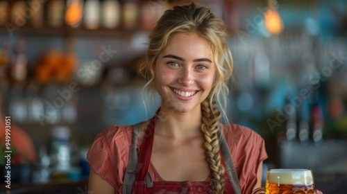 Oktoberfest . beautiful woman in style of an classic German pubgirl serving beer in festival background. She is smiling , holding stein of light orange amber beer.