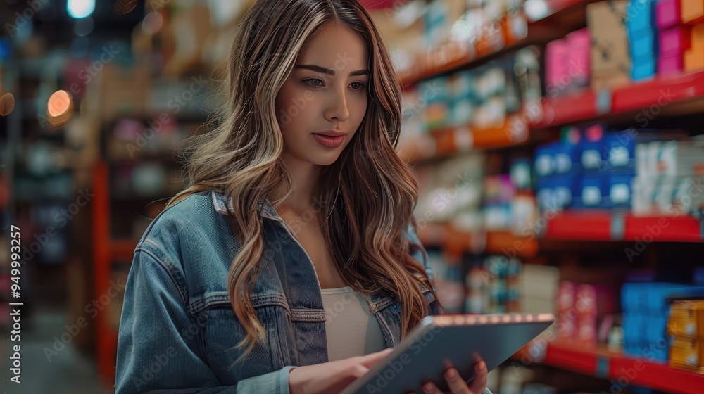 Innovative Female Vlogger Showcasing Products in Live E-Commerce Sale with Digital Tablet and Colorful Inventory Background Innovative Female Vlogger Showcasing Products in Live E-Commerce Sale with Digital Tablet and Colorful Inventory Background