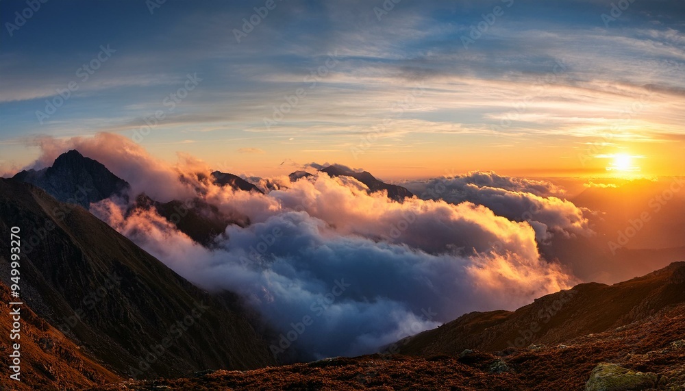 Fototapeta premium In high mountains among clouds, a beautiful sunset can be seen
