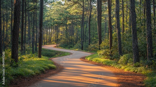 Serene Bicycle Path Meandering Through Pine Forest - Tranquil Nature Trail for Cycling Adventure