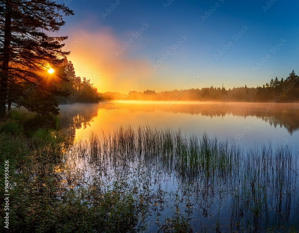 Fototapeta premium In the early morning mist, glowing sun and calm waters of the lake, a glorious sunrise is seen on a lake.