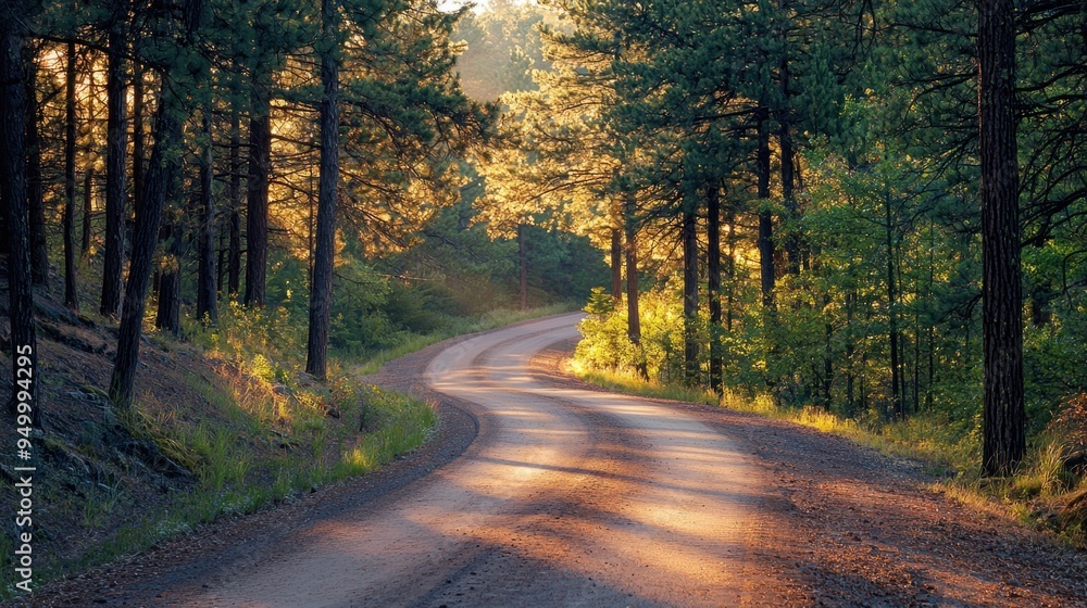 Obraz premium Serene Forest Road Bathed in Sunlight Filtering Through Pine Trees, Tranquil Nature Scenery