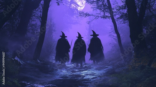 halloween night scene of three witchers wearing black in the middle of the forest 