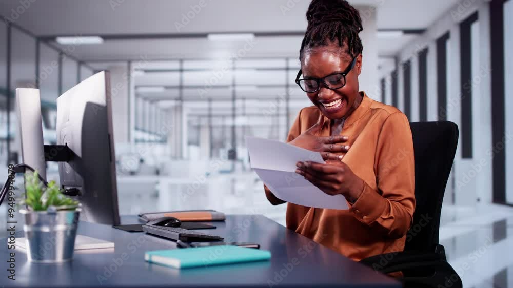 Young Businesswoman Smiling While Reading Paper At Desk In Office Young Businesswoman Smiling While Reading Paper At Desk In Office