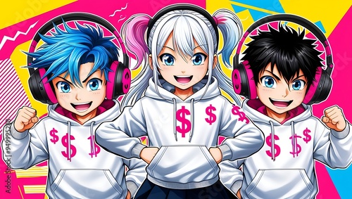 Three anime characters in white hoodies and headphones with dollar sign logos, perfect for music or financerelated design projects. photo