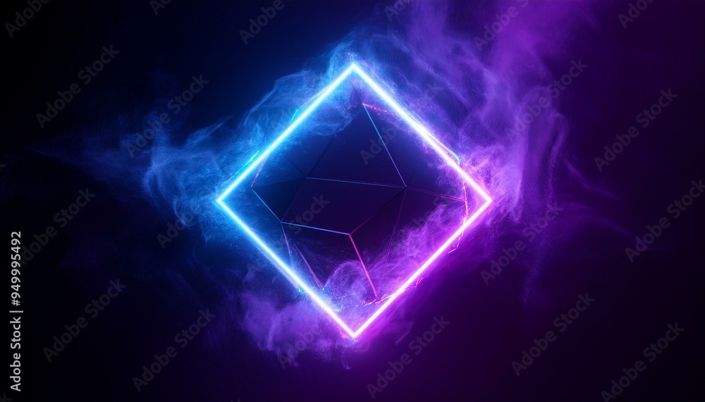 Luminous diamond shape with neon smoke inside, modern design template concept. 3D rendering. Luminous diamond shape with neon smoke inside, modern design template concept. 3D rendering.