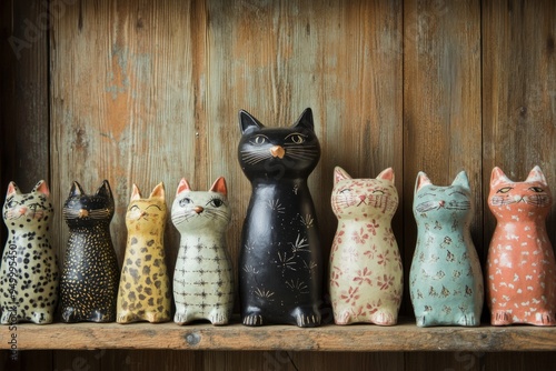 Charming ceramic cat figurines line a rustic wooden shelf. Each design is unique, showcasing various patterns. Perfect for cat lovers and home decor. Generative AI photo