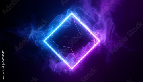 Luminous diamond shape with neon smoke inside, modern design template concept. 3D rendering.