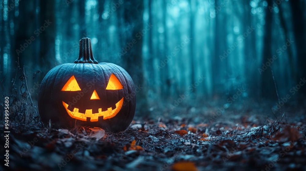 halloween pumpkin with lantern In the scary forest In the quiet and lonely night halloween pumpkin with lantern In the scary forest In the quiet and lonely night