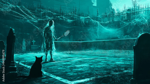 Halloween ghost playing tennis on tennis court background with full moon