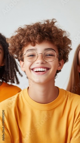 A diverse group of teenagers laughing and chatting, with one of them glancing playfully at the camera while the others are engaged in conversation