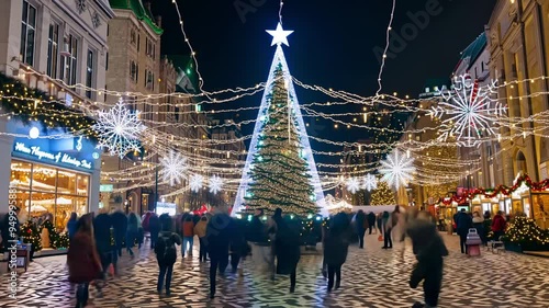 Tourists and locals walking a decorated street during christmas time