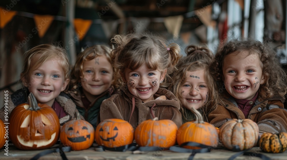 Halloween, the spookiest day of the year. A group of children dressed in Halloween costumes with faces painted, laughing and posing for the camera while sitting around pumpkins on a table Halloween, the spookiest day of the year. A group of children dressed in Halloween costumes with faces painted, laughing and posing for the camera while sitting around pumpkins on a table
