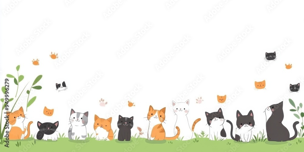 Naklejka premium Adorable Cat Celebration: Whimsical Illustration for World Cat Day. Cute Feline Design on White Background for Pet Party Banners, Birthday Events, and Anniversary Festivities. Perfect for Posters, Web
