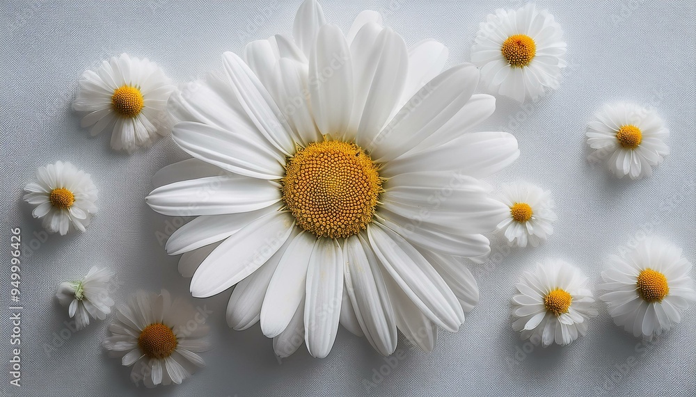 Obraz premium Nature's serenity in monochromatic harmony is symbolized by white daisies on a white wall with a white flower in the center