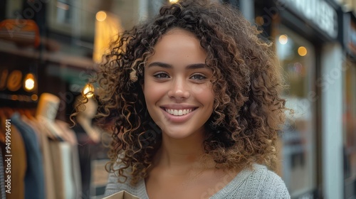 Cheerful Young Woman Shopping at Fashion Boutique on Trendy Retail Street