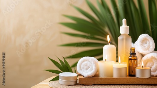 A calming spa arrangement with candles, essential oils, and rolled towels, perfect for relaxation and wellness ambiance.