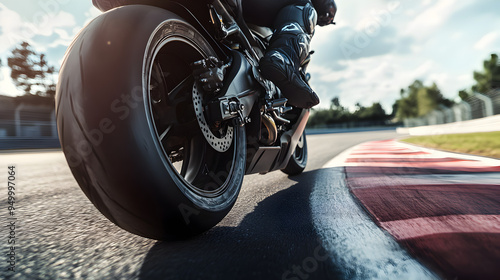 A close-up of a motorbike’s front tire and suspension, captured in motion as it leans into a tight curve on a racetrack.


 photo