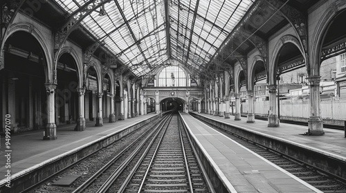 Elegant Vintage Railway Station: A Solitary Journey Through Time, Gray-Scale Elegance in Abandoned Tracks and Platforms Reflecting History and Nostalgia

 photo