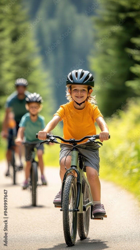 Fototapeta premium A family cycling together on a scenic trail, with parents leading the way and children following, everyone wearing helmets and enjoying the ride