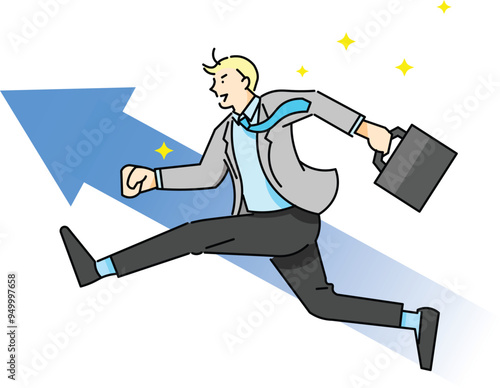 man in profile - arrow pointing up - businessman successfully jumping - white background vector illustration