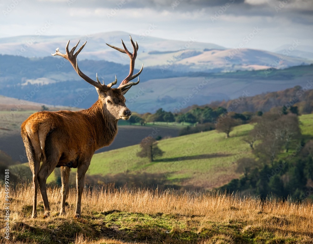 Overlooking a rolling hillscape in Stockbridge, a majestic red deer with impressive antlers stands proud with impressive antlers Overlooking a rolling hillscape in Stockbridge, a majestic red deer with impressive antlers stands proud with impressive antlers
