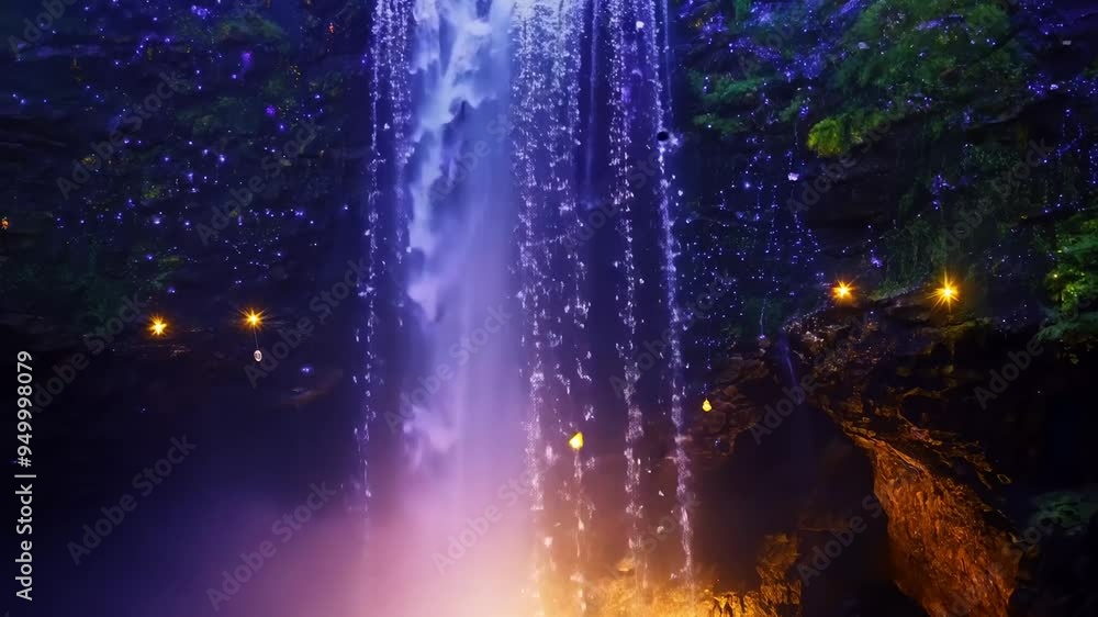 Water plunges over a steep cliff face illuminated with string lights as twilight sets in Water plunges over a steep cliff face illuminated with string lights as twilight sets in