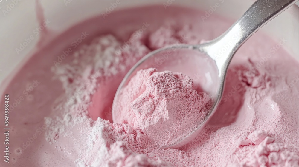 A close-up of collagen powder being scooped with a spoon, ready to be added to a smoothie. A close-up of collagen powder being scooped with a spoon, ready to be added to a smoothie.